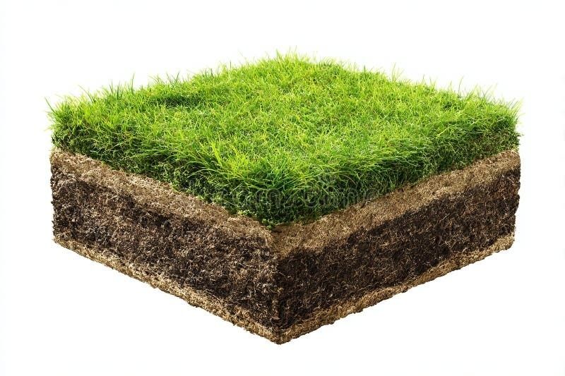 Cross-section of a lush grass turf block showing layered soil beneath